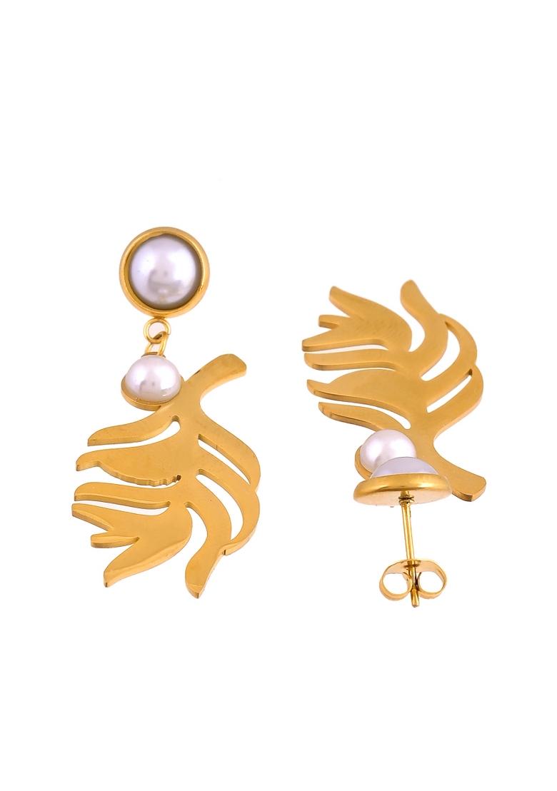 Gold Plated Leaf Designed Earrings With Pearl  - Indya