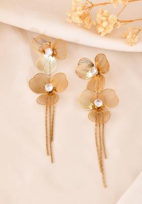 Gold Toned Floral Design With Tassel Studs Earrings