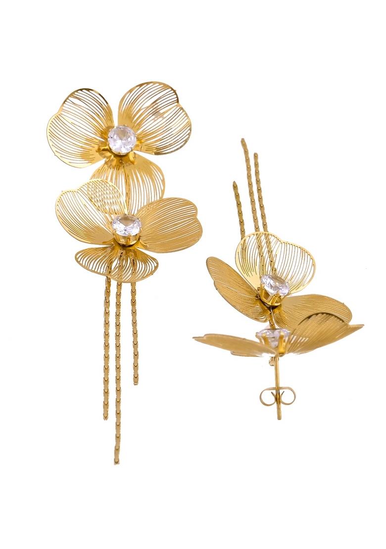 Gold Toned Floral Design With Tassel Studs Earrings - Indya