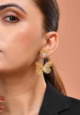 Gold Toned Single Butterfly Design With Tassel Studs Earrings