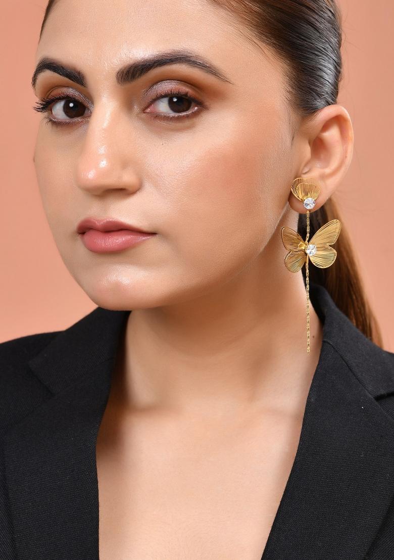 Gold Toned Single Butterfly Design With Tassel Studs Earrings - Indya
