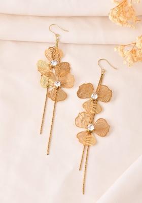 Gold Toned Floral Design With Tassel Drop Earrings