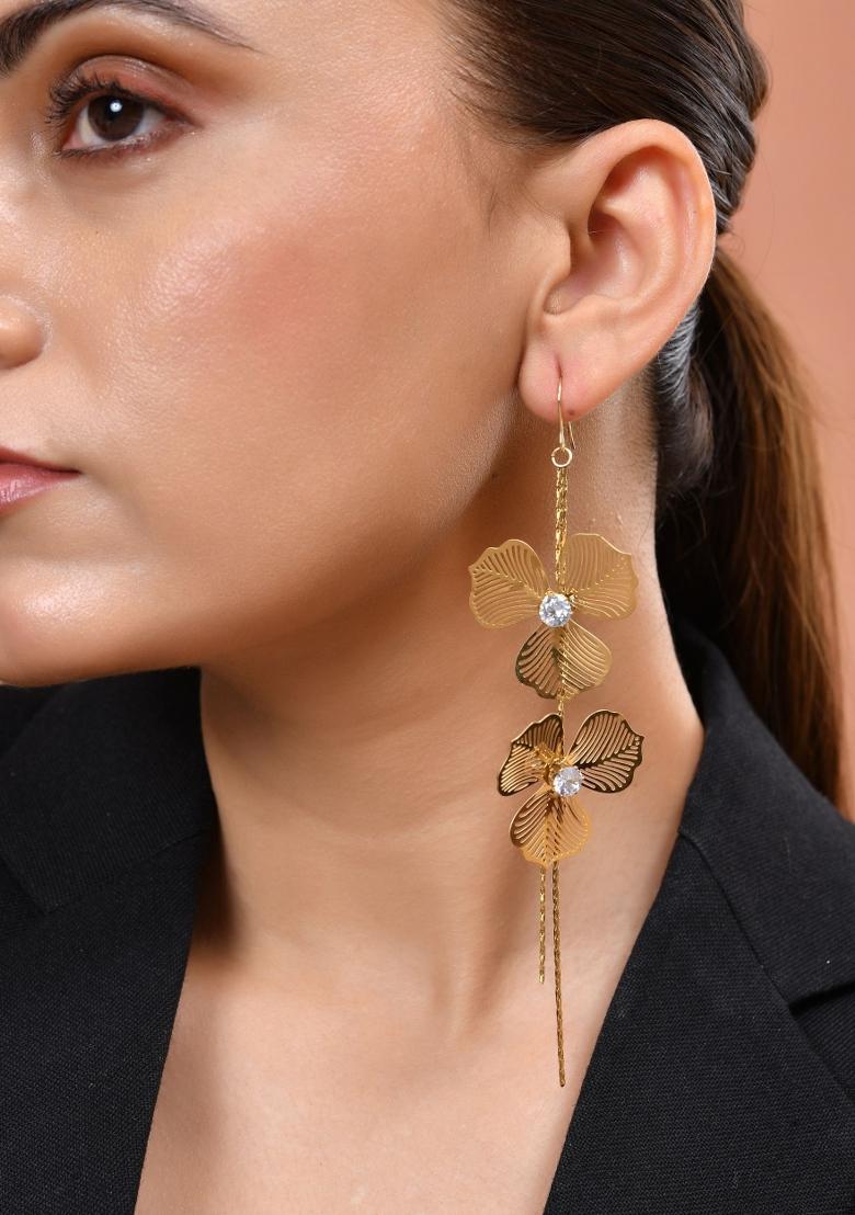 Gold Toned Floral Design With Tassel Drop Earrings - Indya