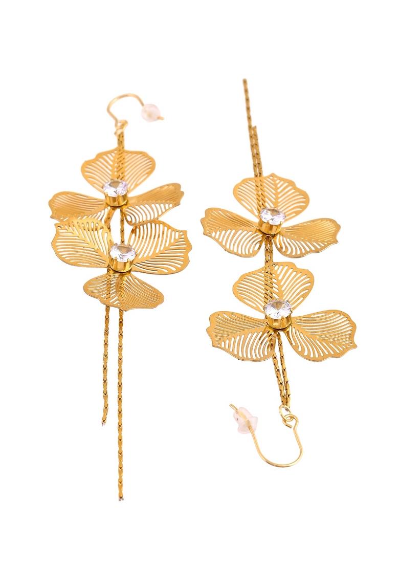 Gold Toned Floral Design With Tassel Drop Earrings - Indya