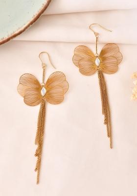 Gold Toned Single Butterfly Design With Tassel Drop Earrings