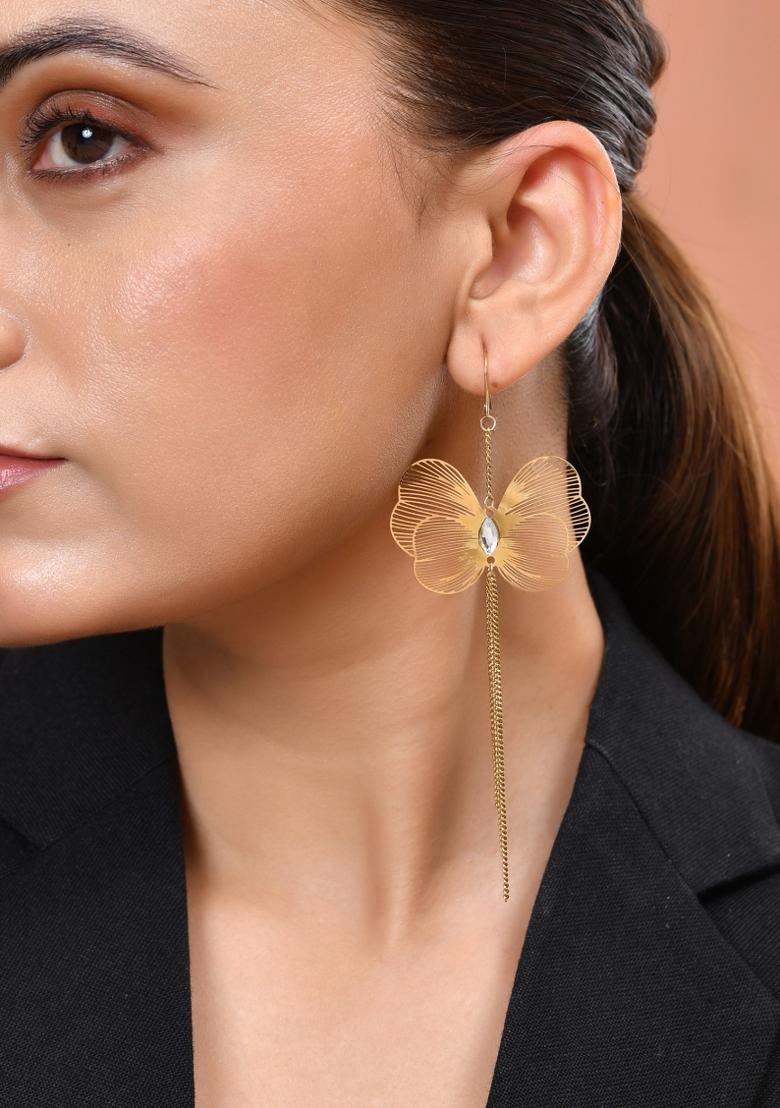 Gold Toned Single Butterfly Design With Tassel Drop Earrings - Indya