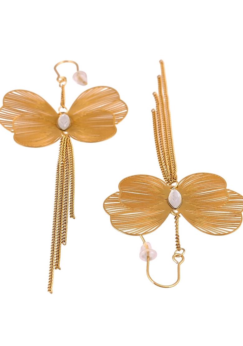 Gold Toned Single Butterfly Design With Tassel Drop Earrings - Indya
