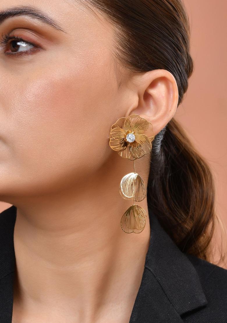 Gold Toned Floral Designed Studs Earrings  - Indya