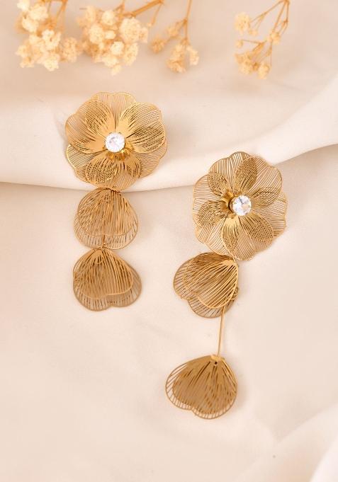 Gold Toned Floral Designed Studs Earrings 