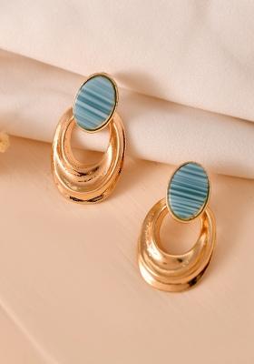 Gold Plated Blue Stone Studded Oval Shaped Earrings