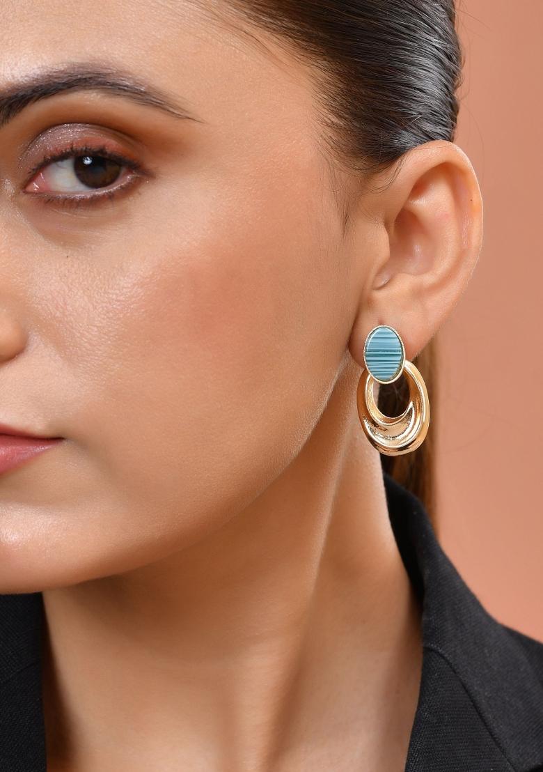 Gold Plated Blue Stone Studded Oval Shaped Earrings - Indya
