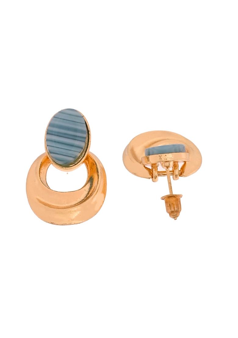 Gold Plated Blue Stone Studded Oval Shaped Earrings - Indya
