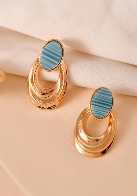 Gold Plated Blue Stone Studded Oval Shaped Earrings