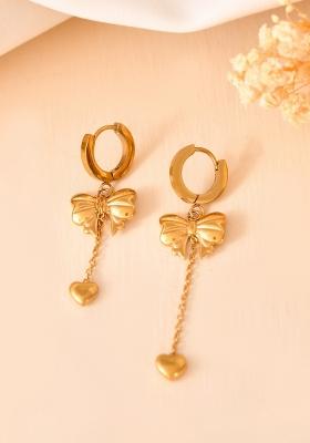 Gold Plated Bow Designed Hoop Drop Earrings 