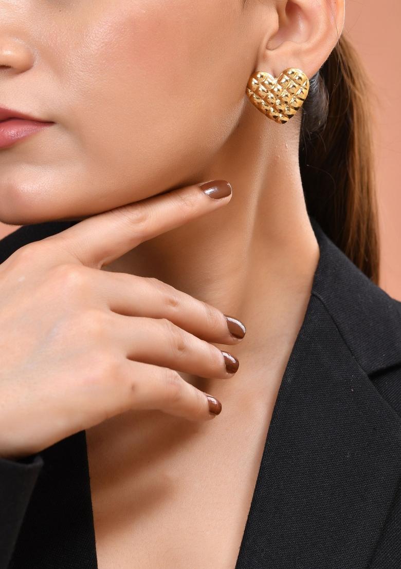 Gold Plated Heart Designed Studs Earrings  - Indya