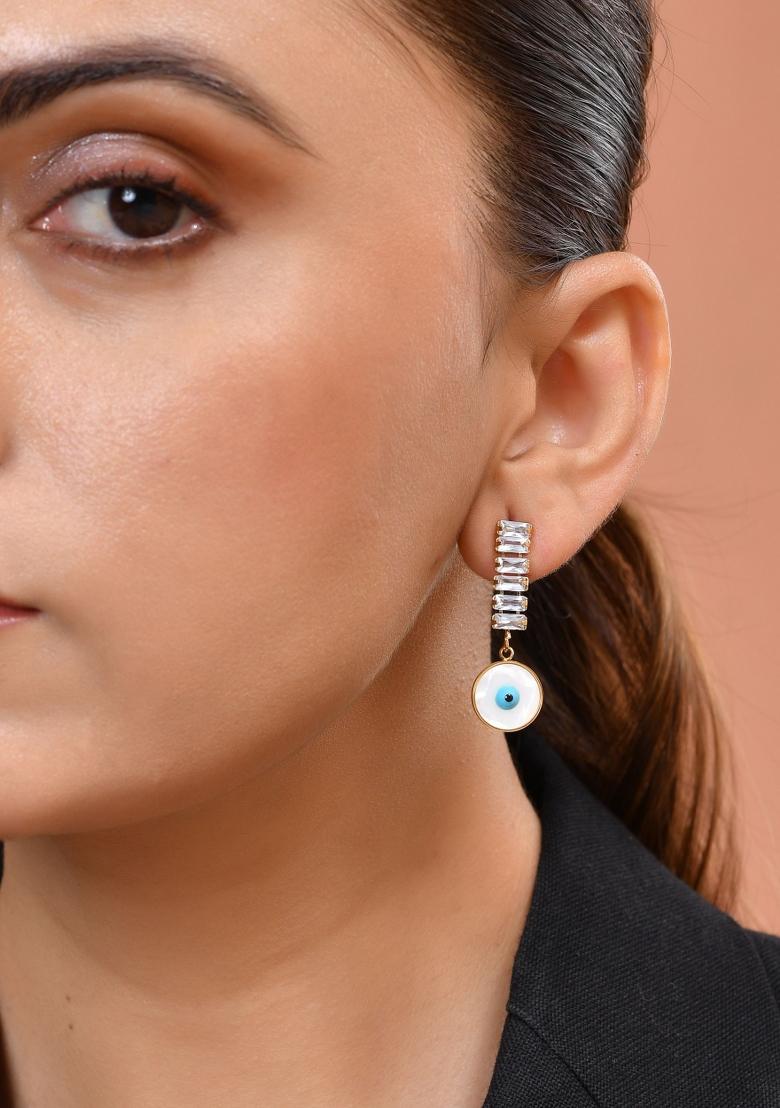 Gold Plated Stone Studded Evil Eye Drop Earrings  - Indya