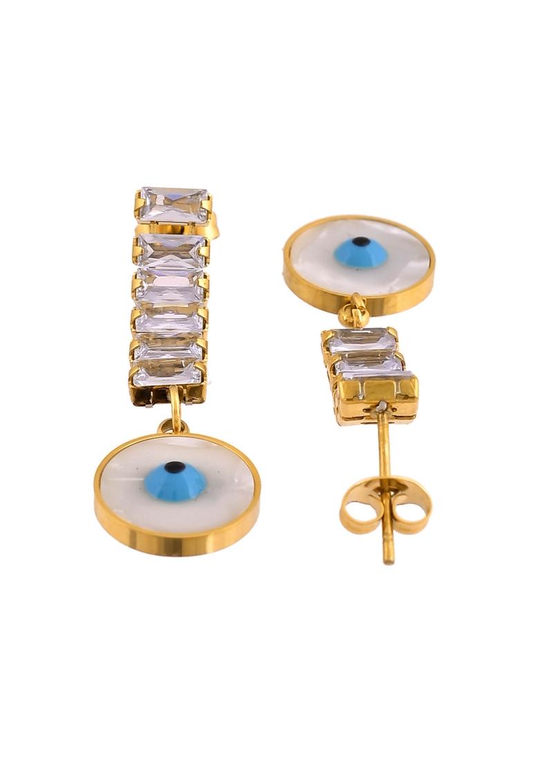Gold Plated Stone Studded Evil Eye Drop Earrings  - Indya