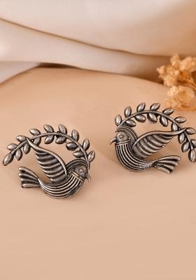 Silver Plated Bird Designed Oxidized Studs Earrings 