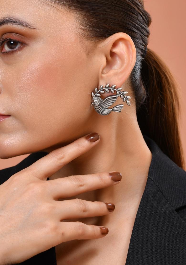 Silver Plated Bird Designed Oxidized Studs Earrings  - Indya