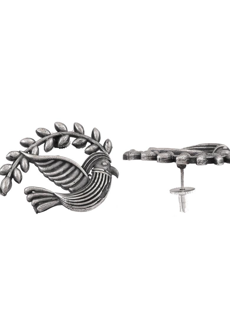 Silver Plated Bird Designed Oxidized Studs Earrings  - Indya