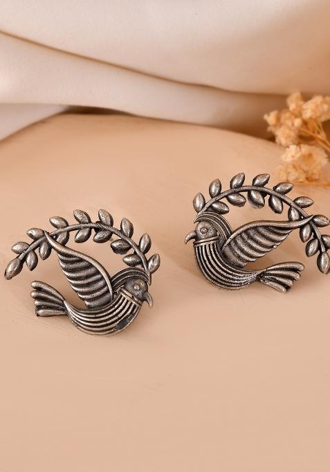 Silver Plated Bird Designed Oxidized Studs Earrings 