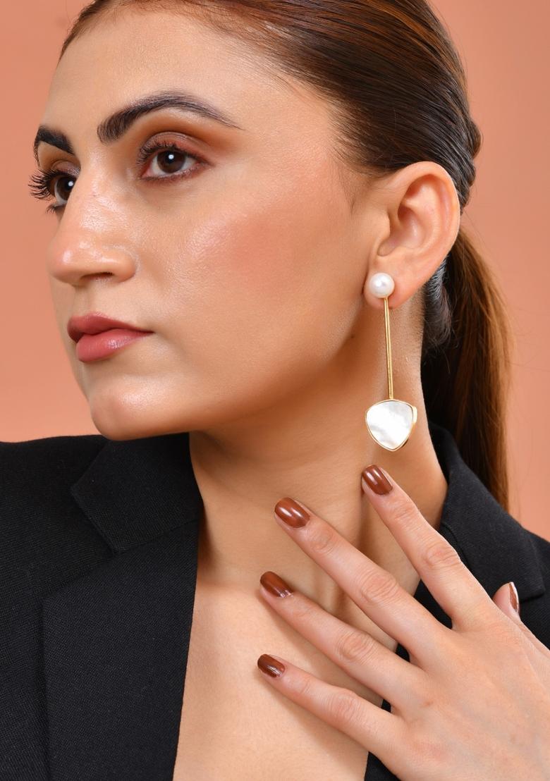 Gold Plated Stone With Pearl Long Studs Earrings  - Indya