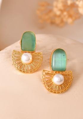 Gold Plated Teal Green Stone And Pearl Dome Shaped Studs Earrings