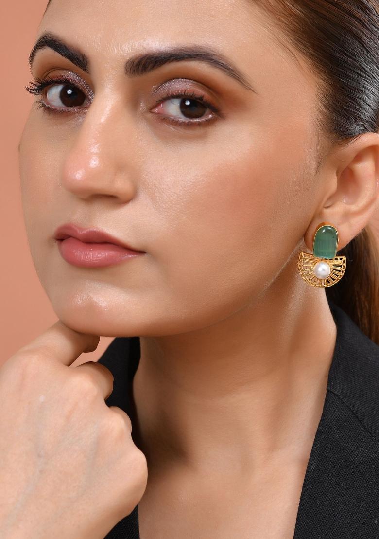 Gold Plated Teal Green Stone And Pearl Dome Shaped Studs Earrings - Indya