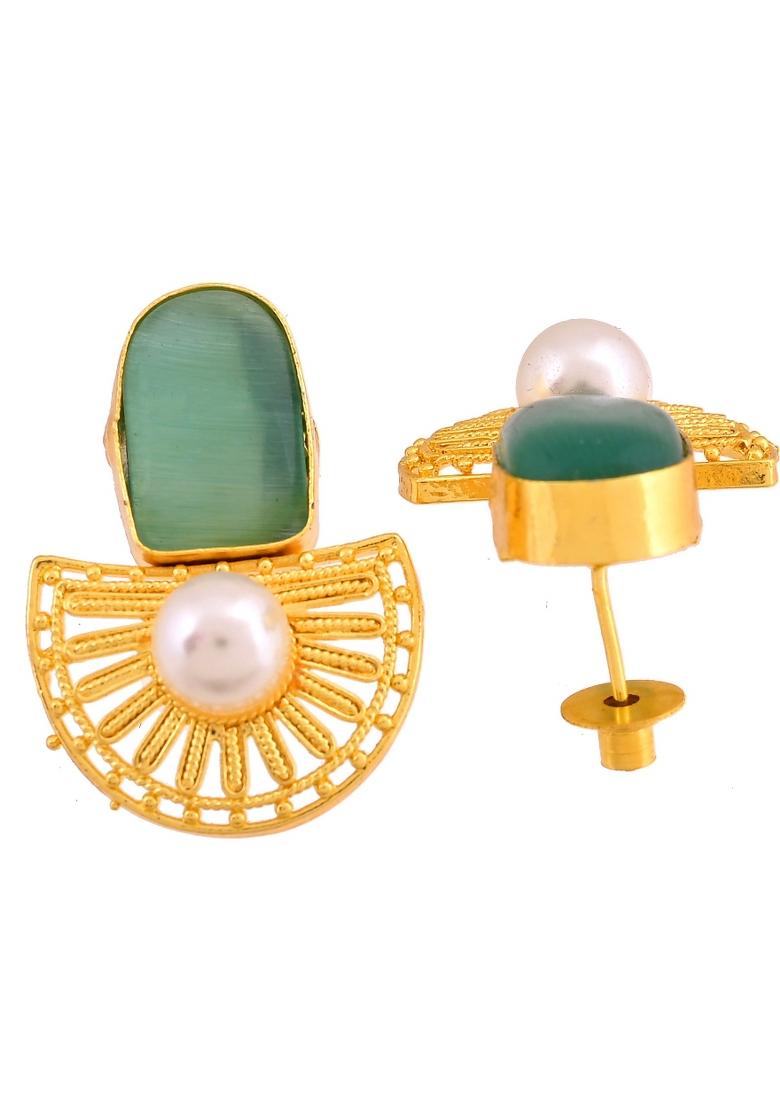 Gold Plated Teal Green Stone And Pearl Dome Shaped Studs Earrings - Indya