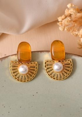 Gold Plated Yellow Stone And Pearl Dome Shaped Studs Earrings