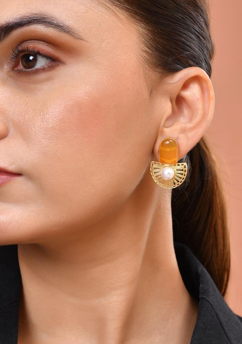 Gold Plated Yellow Stone And Pearl Dome Shaped Studs Earrings - Indya