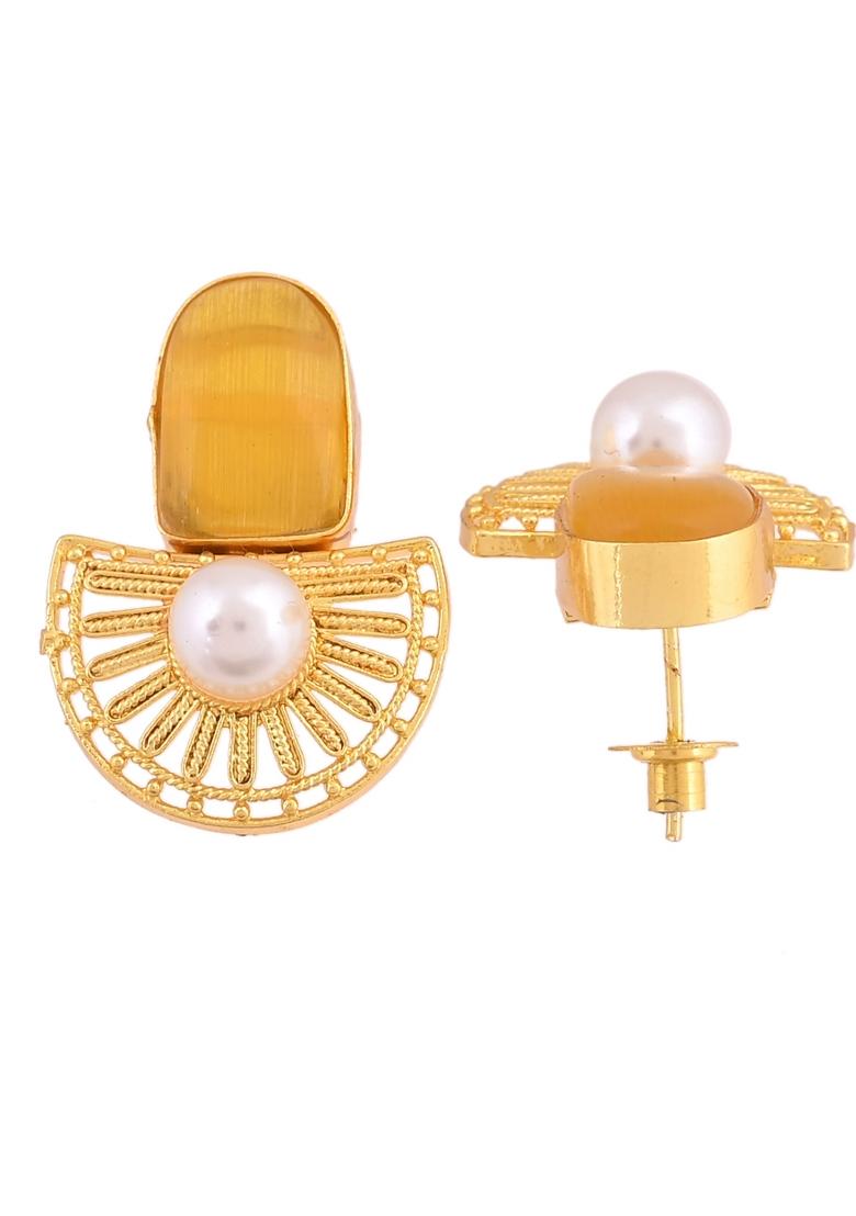Gold Plated Yellow Stone And Pearl Dome Shaped Studs Earrings - Indya