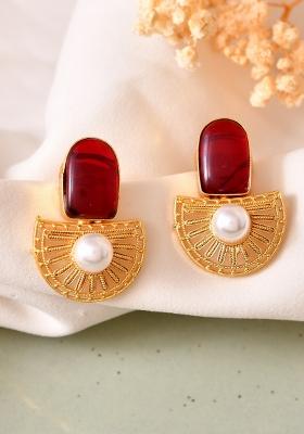 Gold Plated Red Stone And Pearl Dome Shaped Studs Earrings