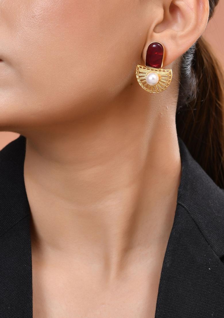 Gold Plated Red Stone And Pearl Dome Shaped Studs Earrings - Indya