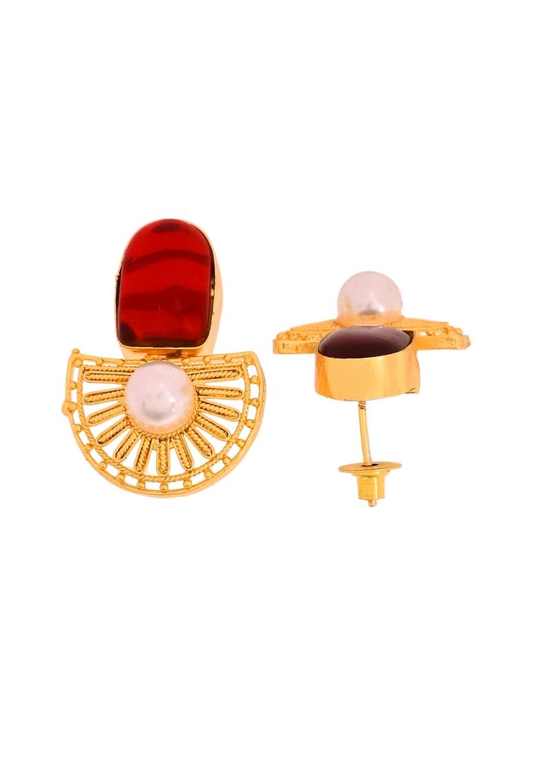 Gold Plated Red Stone And Pearl Dome Shaped Studs Earrings - Indya