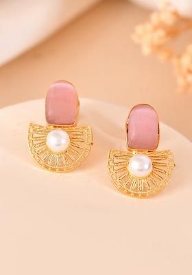 Gold Plated Pink Stone And Pearl Dome Shaped Studs Earrings