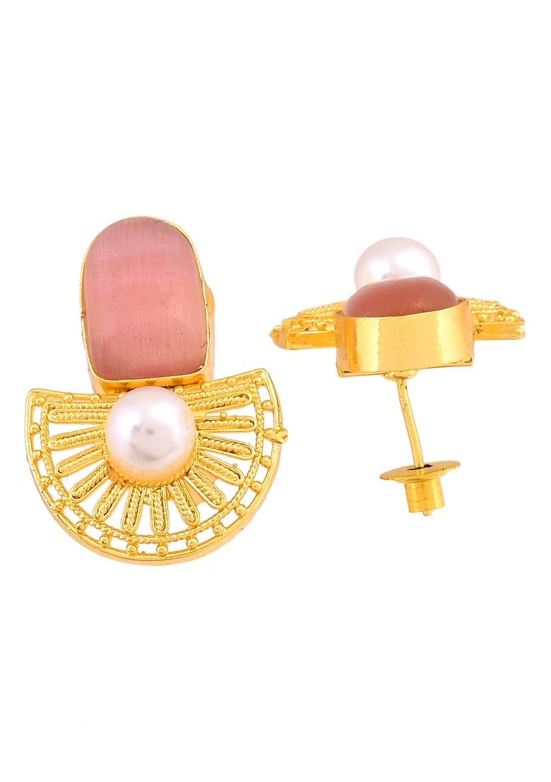 Gold Plated Pink Stone And Pearl Dome Shaped Studs Earrings - Indya