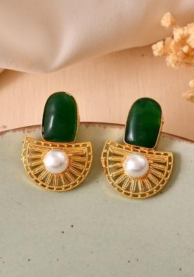 Gold Plated Green Stone And Pearl Dome Shaped Studs Earrings