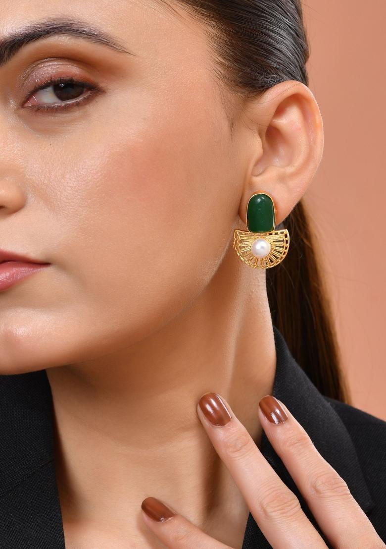 Gold Plated Green Stone And Pearl Dome Shaped Studs Earrings - Indya