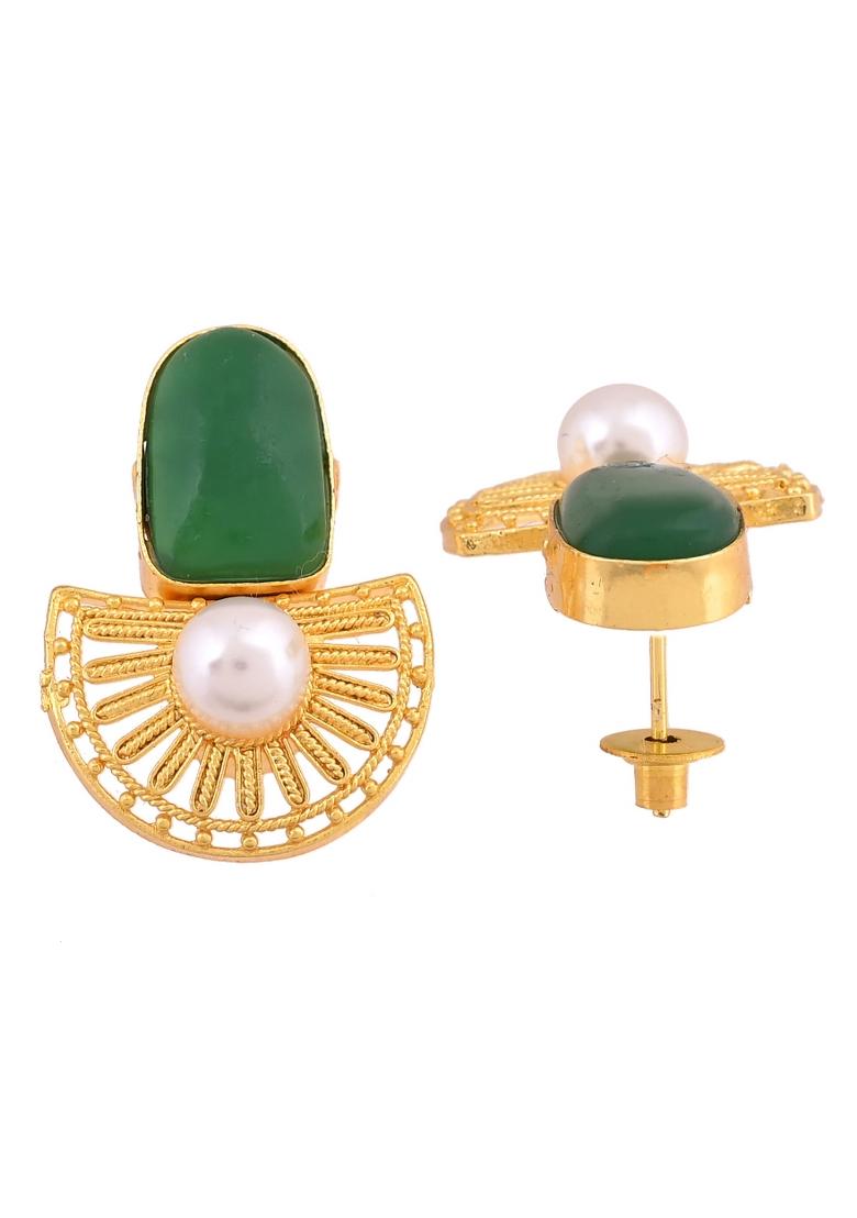 Gold Plated Green Stone And Pearl Dome Shaped Studs Earrings - Indya