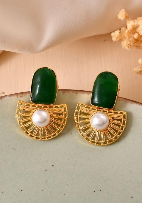 Gold Plated Green Stone And Pearl Dome Shaped Studs Earrings