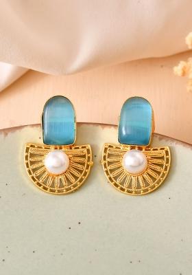 Gold Plated Sky Blue Stone And Pearl Dome Shaped Studs Earrings