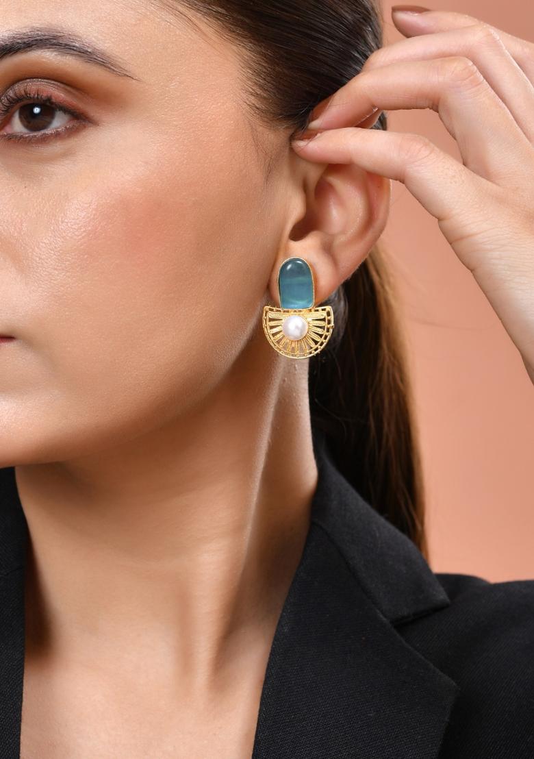 Gold Plated Sky Blue Stone And Pearl Dome Shaped Studs Earrings - Indya