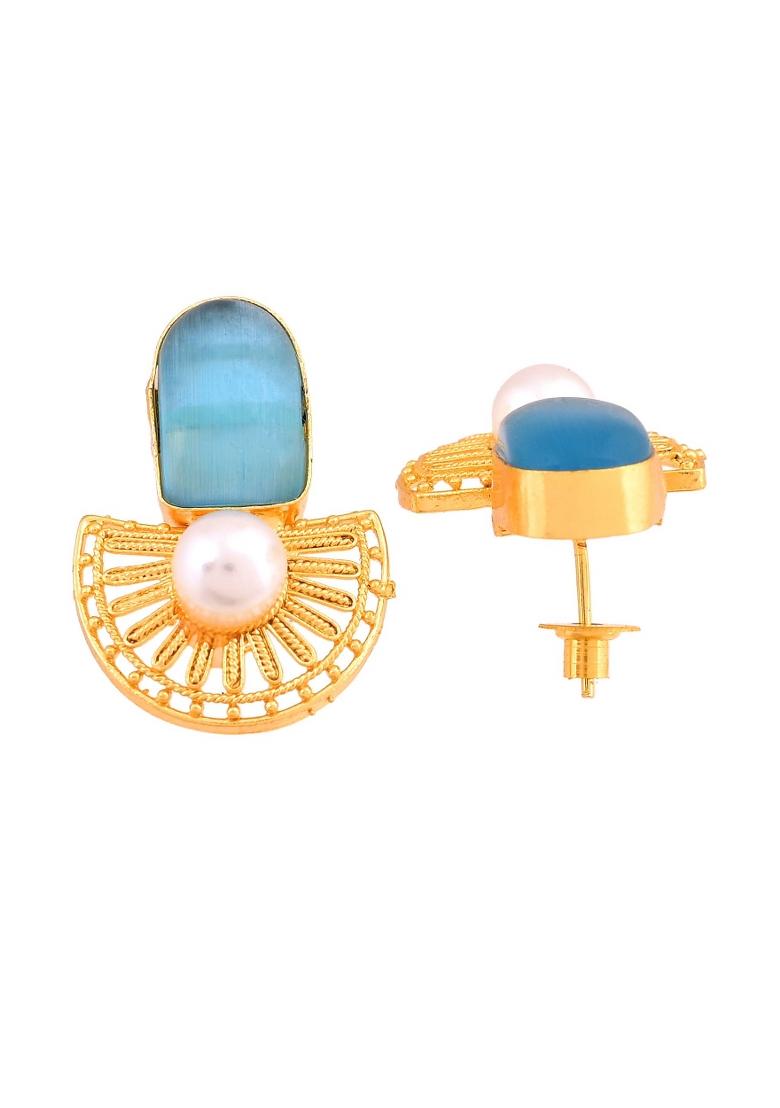Gold Plated Sky Blue Stone And Pearl Dome Shaped Studs Earrings - Indya