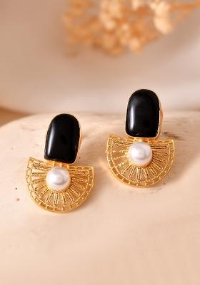 Gold Plated Black Stone And Pearl Dome Shaped Studs Earrings