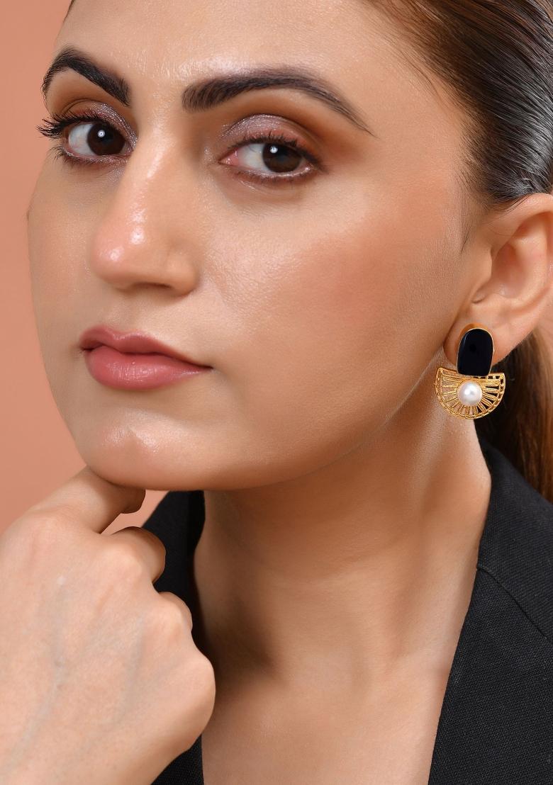 Gold Plated Black Stone And Pearl Dome Shaped Studs Earrings - Indya