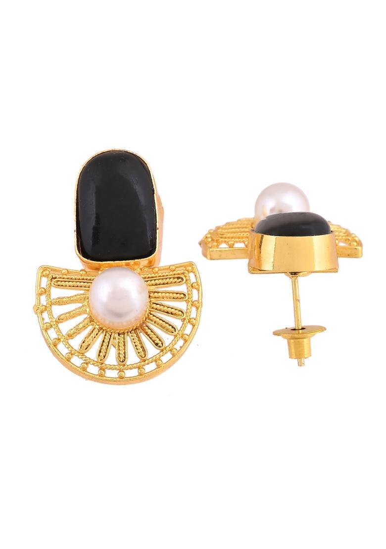 Gold Plated Black Stone And Pearl Dome Shaped Studs Earrings - Indya