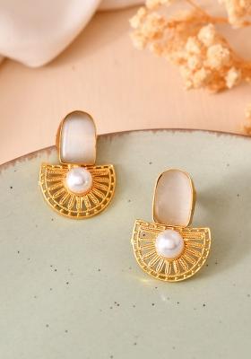 Gold Plated Off White Stone And Pearl Dome Shaped Studs Earrings