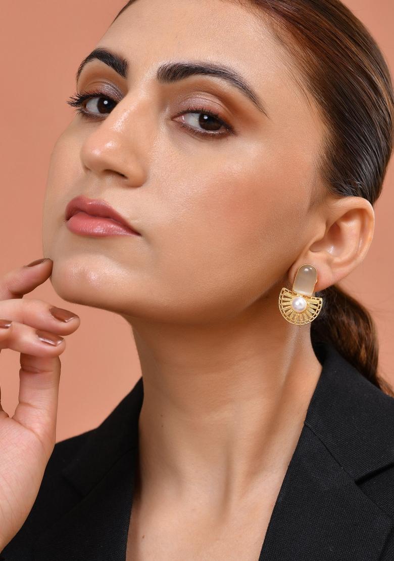 Gold Plated Off White Stone And Pearl Dome Shaped Studs Earrings - Indya