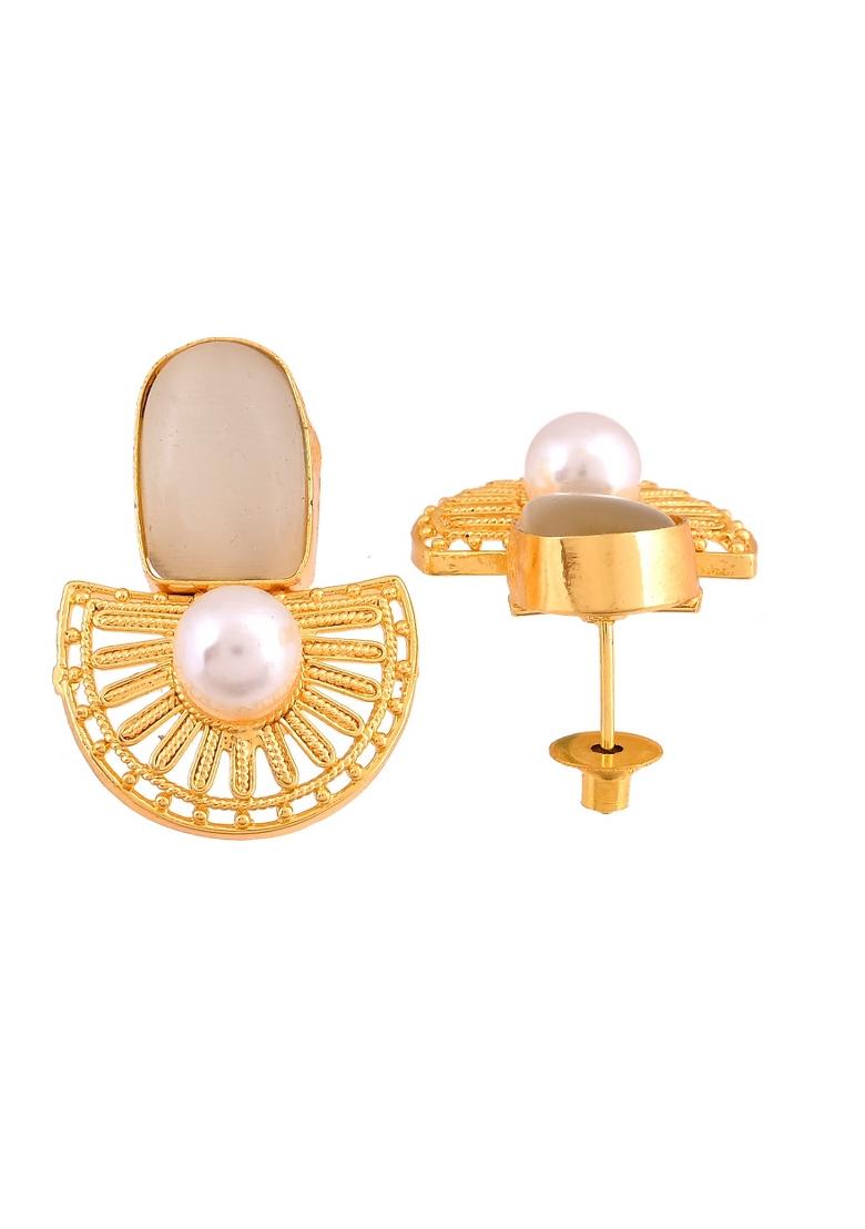 Gold Plated Off White Stone And Pearl Dome Shaped Studs Earrings - Indya